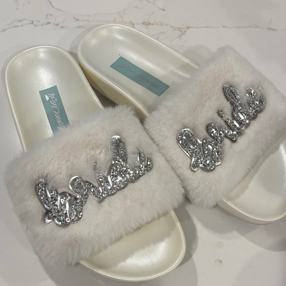 Betsey Johnson Women's White and Silver Bridal Slides